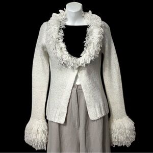 K Ladtes Apparel Vintage Penny Lane Cream Long Sleeve Fringe Cardigan Sweater